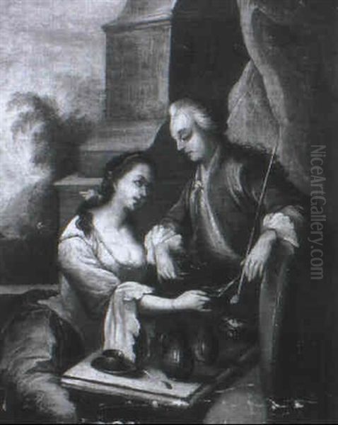 A Couple Taking Tea Before A Pillar, Landscape Beyond - view 1