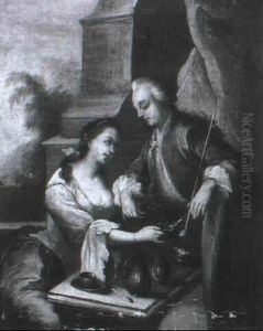 A Couple Taking Tea Before A Pillar, Landscape Beyond