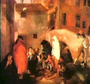 Scena Popolare Veneziana Con Venditore Di Panini Vicino A Un Ponte by Pietro Longhi