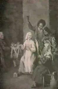 A Young Lady Winding Wool And An Old Lady Spinning Wool, Accompanied By Young Men Drinking And Music-making ... by Pietro Longhi