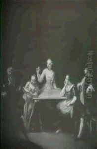 A Lady Embroidering With An Elegant Figure And A Young Girl Singing by Pietro Longhi