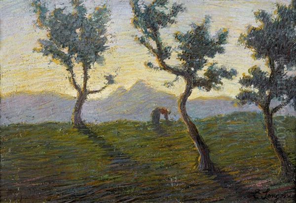 Landschaft Mit Baumen Und Bauerin Im Abendlicht - view 1