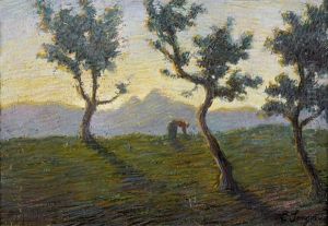 Landschaft Mit Baumen Und Bauerin Im Abendlicht