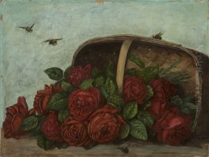 Roses In A Basket With Four Bumblebees by Paul De Longpre