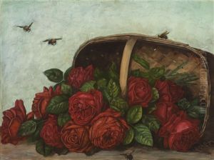 A Basket Of Tumbling Red Roses With Four Bumblebees A Basket Of Tumbling Red Roses With Four Bumblebees