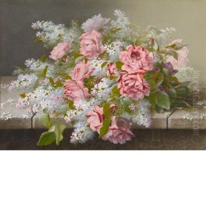 A Still Life With Roses And Lilacs On A Stone