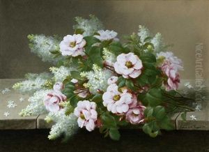 Still Life - Pink Roses And Lilacs by Raoul Maucherat de Longpre