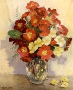 Pink And Yellow Flowers In Crystal Vase by Will Longstaff