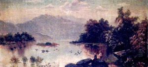 Highland Loch View With Figures Fishing In The Foreground