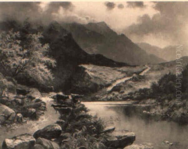 A Welsh Valley Landscape With A Drover And Cattle On A Path - view 1