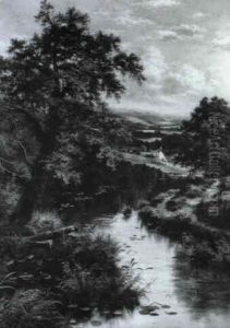 Wooded River Landscape With Boy Fishing by Edgar Longstaffe