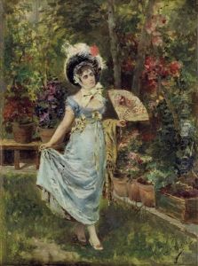 Dame Mit Facher Vor Bluhenden Garten-pflanzen Dame Mit Facher Vor Bluhenden Garten-pflanzen