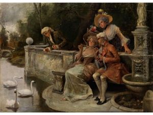 Hofische Gesellschaft Im Park Beim Schwane Futtern by Antonio Lonza