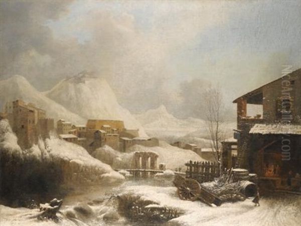 A Frozen Winter Landscape With A Bridge Over A River - view 1