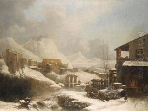 A Frozen Winter Landscape With A Bridge Over A River