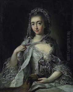 Portrat Einer Jungen Edeldame In Mit Spitzen Besetztem Neglige, In Der Linken Den Kopf Eines Windhundes Haltend