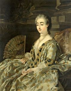 Portrait De Femme Au Collier De Perles Et A L'eventail by Carle van Loo