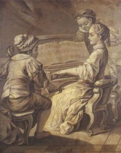 Allegorie De La Musique: Jeune Fille Et Deux Garcons Jouant Dans Un Interieur by Carle van Loo