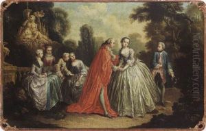 An Elegant Company Near A Fountain In A Park Landscape by Carle van Loo
