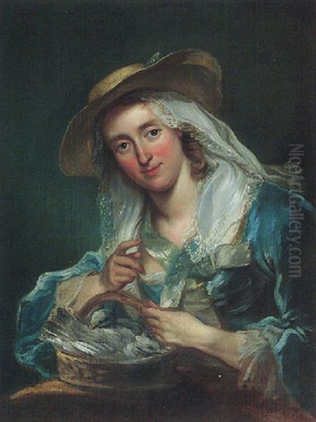 Portrait Of A Young Woman Holding A Basket With Woodpigeons - view 1