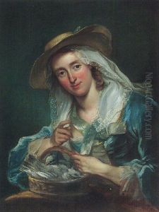 Portrait Of A Young Woman Holding A Basket With Woodpigeons
