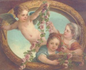 Cupid Handing A Garland Of Flowers To Two Girls Cupid Handing A Garland Of Flowers To Two Girls