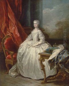Portrait Of Queen Marie Leczinska Of France, In A White Dress, Beside A Table With A Crown On A Cushion With The Fleurs-de-lys Of France