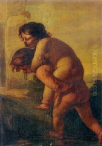 Two Children Desporting In A Landscape by Carle van Loo