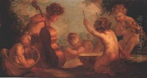 Putti Playing Musical Instruments In A Landscape by Carle van Loo