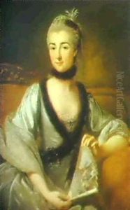 Portrait Of A Madame Du Chatelet, Seated On A Sofa Holding A Fan by Carle van Loo