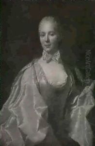 Portrait Of A Lady, Half Length, Wearing A Pale Blue Satin  Dress With A White Satin Cloak, A Fireplace Beyond