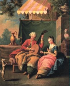 Young Lady Making A Dog Beg As A Youth In Turkish Costume Plays Guitar by Carle van Loo