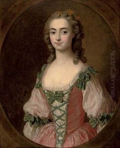 Portrait Of A Lady In A Pink Dress With Green Ribbons