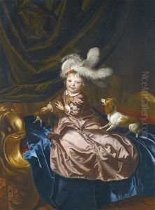 Portrait Of A Boy, Full Length, In Pink Silk Playing With Two Puppies by Jakob van Loo