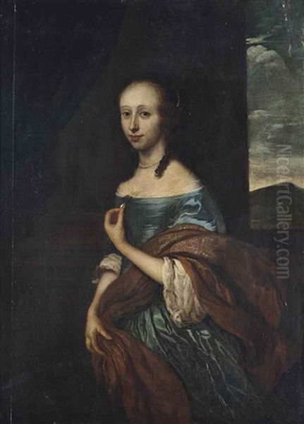 Portrait Of A Woman, Three-quarter-length, In A Blue Dress And Ochre Wrap, Beside A Column, A Landscape Beyond - view 1