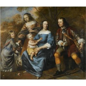 Portrait Of A Family; , A Mother Sitting, Dressed In Blue, With Three Young Children And A Young Man With A Gun (her Husband?), In A Landscape
