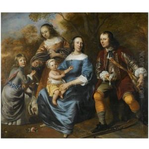 Portrait Of A Family, A Mother Sitting, Dressed In Blue, With Three Young Children And A Young Man With A Gun (her Husband?), In A Landscape
