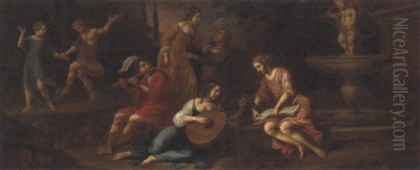 Elegant Company Making Music In A Classical Landscape by Jakob van Loo