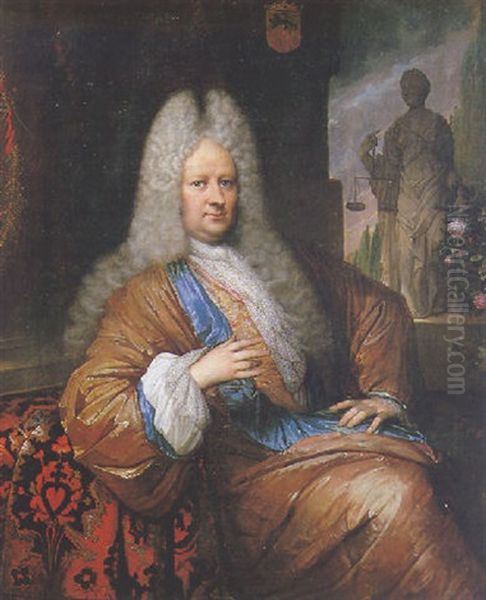 Portrait D'un Gentilhomme Sur Fond De Jardin Avec Une Sculpture De L'allegorie De La Justice - view 1