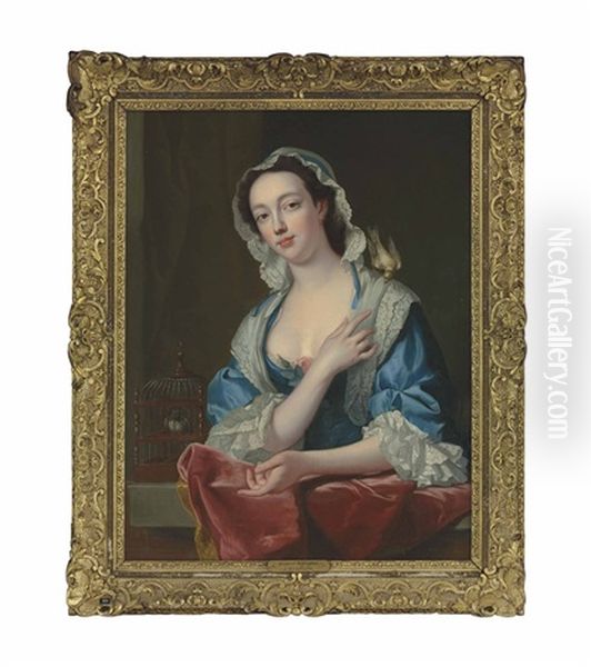 Portrait Of A Lady, Traditionally Identified As Margaret Peg Woffington (1720-1760), Half-length, In A Blue Dress With Lace Wrap, Cuffs And Bonnet, Behind A Stone Ledge With A Bird's Cage - view 1