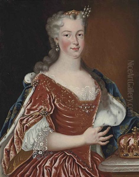 Portrait Of Maria Leszczynska, Queen Of France (1703-1768), Half-length, In A Red Dress And An Ermine-lined Cloak With Fleur-de-lis, By A Stone Ledge With Her Crown - view 1