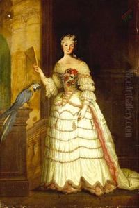 Portrait De Louise De Clermont-tonnerre (?), En Grande Robe Blanche, Un Eventail Dans La Main Droite, Pres D'un Perroquet by Jean-Baptiste van Loo