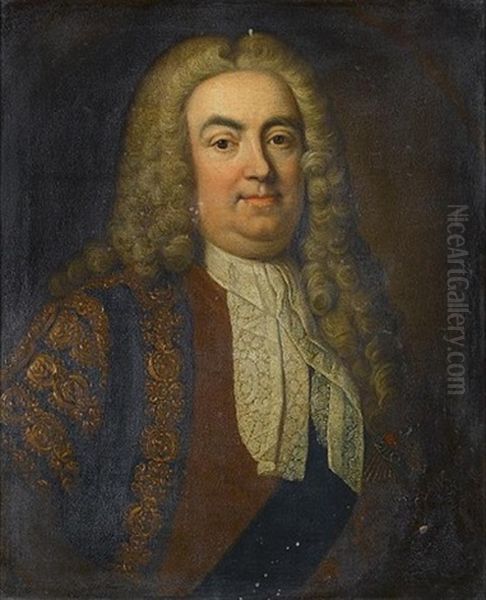 Portrait Of Sir Robert Walpole, 1st Earl Of Orford, Bust-length, In Brown Brocade Robes, A Dark Blue Sash And The Badge Of The Order Of The Garter And A White Lace Jabot In A Pai - view 1