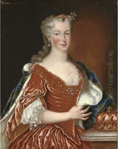 Portrait Of Queen Maria Leszczynska (1703-1768), Wife Of King Louis Xv Of France, Half-length, Her Crown On A Table Beside Her by Jean-Baptiste van Loo