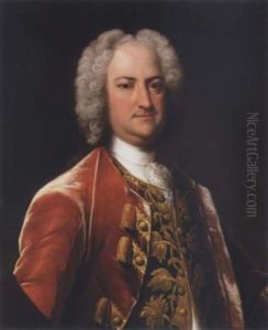 Portrait Of A Gentleman Wearing A Red Coat With Gold Tassels, A Brocaded Waistcoat, And A White Stock
