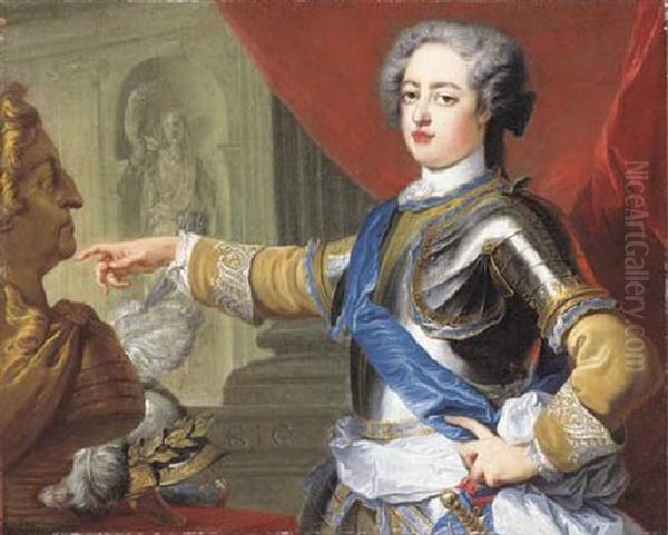 Portrait Of King Louis Xv In Half Armour With The Sash Of The Ordre Du Saint Esprit, Before A Bust Of King Louis Xiv - view 1