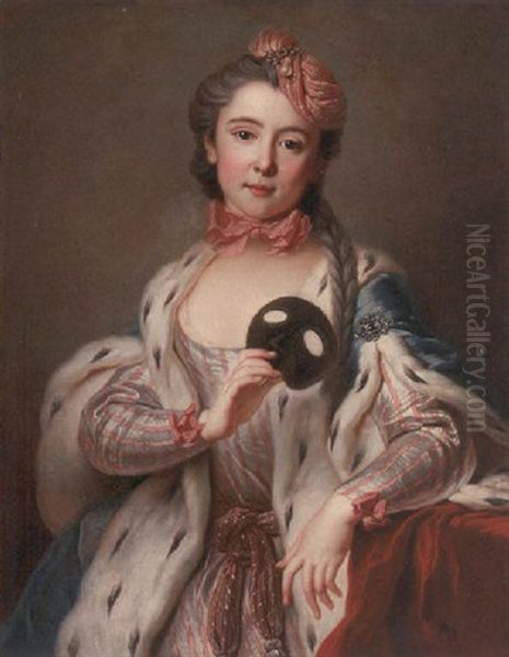 Portrait Of A Lady, The Actress Madame Favart (?) In A Pink And White Striped Dress And A Blue Wrap, Leaning On A Draped Table, Holding A Mask - view 1
