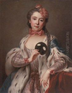 Portrait Of A Lady, The Actress Madame Favart (?) In A Pink And White Striped Dress And A Blue Wrap, Leaning On A Draped Table, Holding A Mask