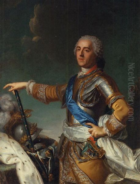 Portrait Of Louis Xv Wearing A Breastplate Over An Embroidered Gold Jacket, A Royal Baton In His Right Hand - view 1