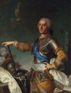 Portrait Of Louis Xv Wearing A Breastplate Over An Embroidered Gold Jacket, A Royal Baton In His Right Hand by Jean-Baptiste van Loo